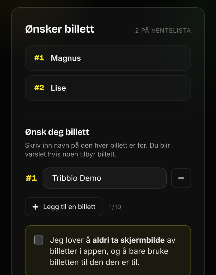 Skjermbilde fra Tribbio: Ønsk deg billett med løftet om å ikke ta skjermbilde