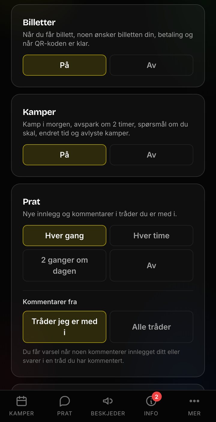Skjermbilde fra Tribbio: velg hvilke varsler du får